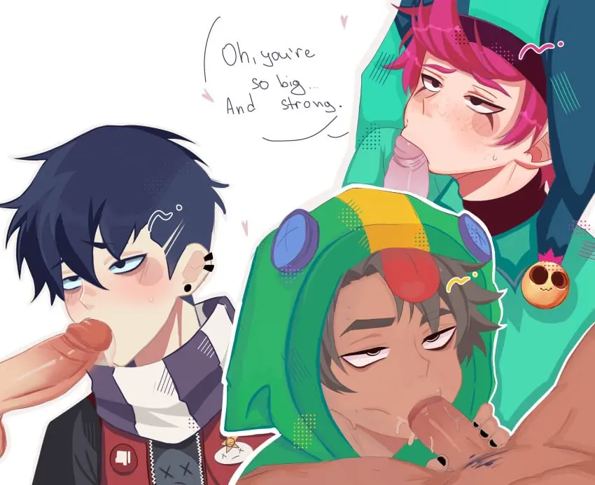 Image licking_penis,male,penis,male_only,gay,brawl_stars,sucking_penis,leon_(brawl_stars),edgar_(brawl_stars),chester_(brawl_stars),ebladog
