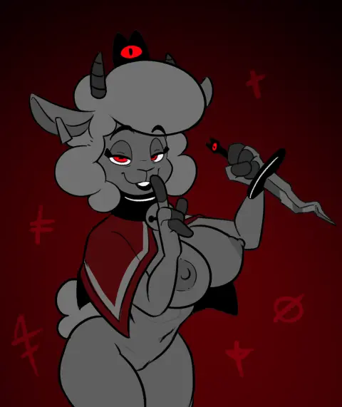 Image 1girls,breasts,female,red_eyes,simple_background,white_hair,bedroom_eyes,thick_thighs,areola,horns,shaved_pussy,earring,huge_breasts,anthro,glowing_eyes,cape,big_areola,fluffy,fluffy_tail,dark_background,cosplay,sheep,bell_collar,cult_of_the_lamb,lamb_(cult_of_the_lamb),official_art,shushing,sheep_girl,wool_(fur),knife,beat_banger,komponi,gilf,sheep_horns,sheep_humanoid,ultrahyper,bunfan_games,dawna_mabel,komdog,quiet_gesture