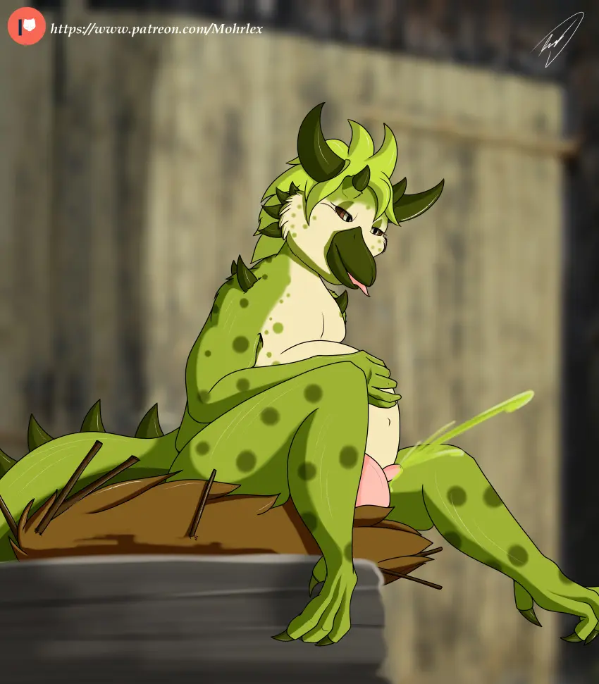 Image brown_eyes,hi_res,open_mouth,solo,nude,tail,tongue,feet,belly,big_belly,digital_media_(artwork),pregnant,hair,anthro,milk,absurd_res,looking_pleasured,ambiguous_gender,lactating,bodily_fluids,fur,mammal,claws,horn,white_body,green_body,avian,avian_feet,beak,bird,bovid,bovine,toes,markings,hybrid,white_fur,spikes,overweight,long_tail,overweight_anthro,talons,green_fur,teats,udders,brown_sclera,mohrlex