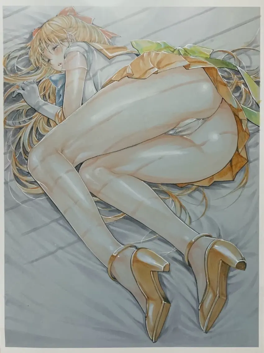 Image blush,bow,clothing,female,highres,long_hair,shirt,solo,absurdres,gloves,bed_sheet,lying,panties,underwear,ass,thighs,blonde_hair,legs,on_side,hair_ribbon,closed_eyes,cameltoe,miniskirt,skirt,high_heels,closed_mouth,ribbon,white_shirt,white_panties,white_gloves,pleated_skirt,flower,circlet,shoes,red_ribbon,neckerchief,sailor_collar,traditional_media,bishoujo_senshi_sailor_moon,minako_aino,sailor_venus,yellow_flower,blue_neckerchief,orange_skirt,katsu_(24791909),marker_(medium),orange_sailor_collar