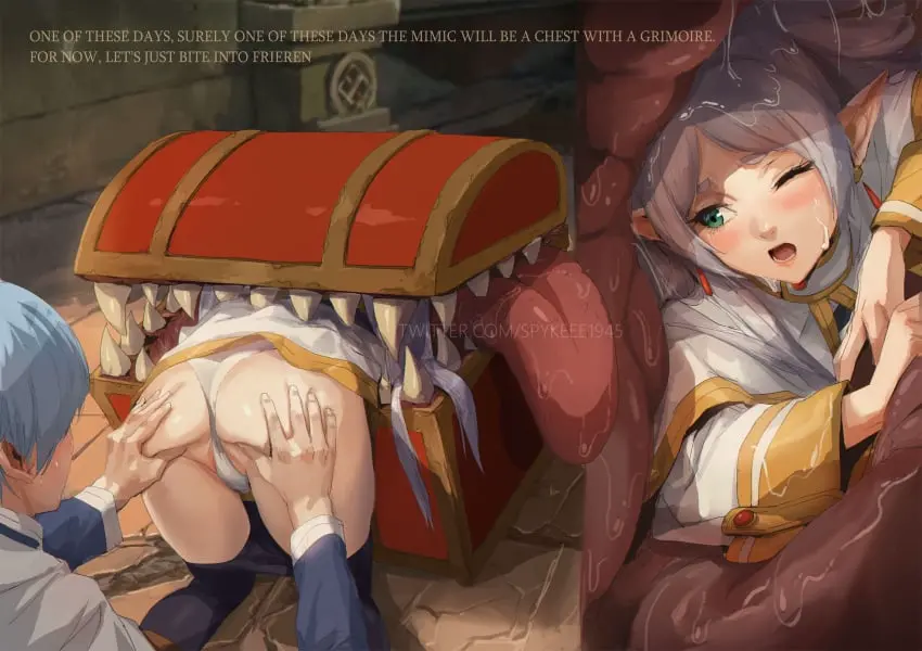 Image 1girls,female,grey_hair,highres,human,long_hair,parted_bangs,1boy,blue_hair,male,straight,panties,underwear,text,green_eyes,one_eye_closed,elf,pointy_ears,saliva,twintails,white_panties,capelet,light_blue_hair,ass_grab,elf_ears,elf_female,frieren,sousou_no_frieren,english_text,meme,pantyhose,commentary,male_human/female_elf,human_male,spread_pussy_under_clothes,black_pantyhose,clothes_pull,symbol-only_commentary,stuck,mimic,partially_visible_vulva,mimic_chest,treasure_chest,pantyhose_pull,frieren_stuck_in_a_mimic_(meme),himmel_(sousou_no_frieren),white_capelet,spykeee