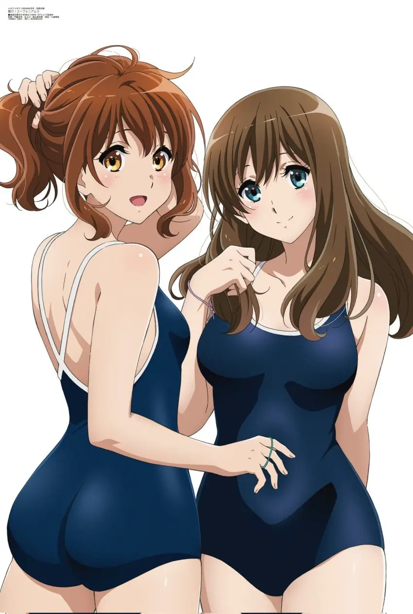 Image breasts,brown_eyes,female,hi_res,long_hair,looking_at_viewer,open_mouth,simple_background,smile,white_background,2girls,blue_eyes,ass,thighs,ponytail,bare_shoulders,bare_thighs,thick_ass,one-piece_swimsuit,swimsuit,brown_hair,back,back_view,school_swimsuit,bare_legs,bare_arms,official_art,mouth_closed,hand_on_hair,hibike!_euphonium,kuroe_mayu,oumae_kumiko,megami_magazine