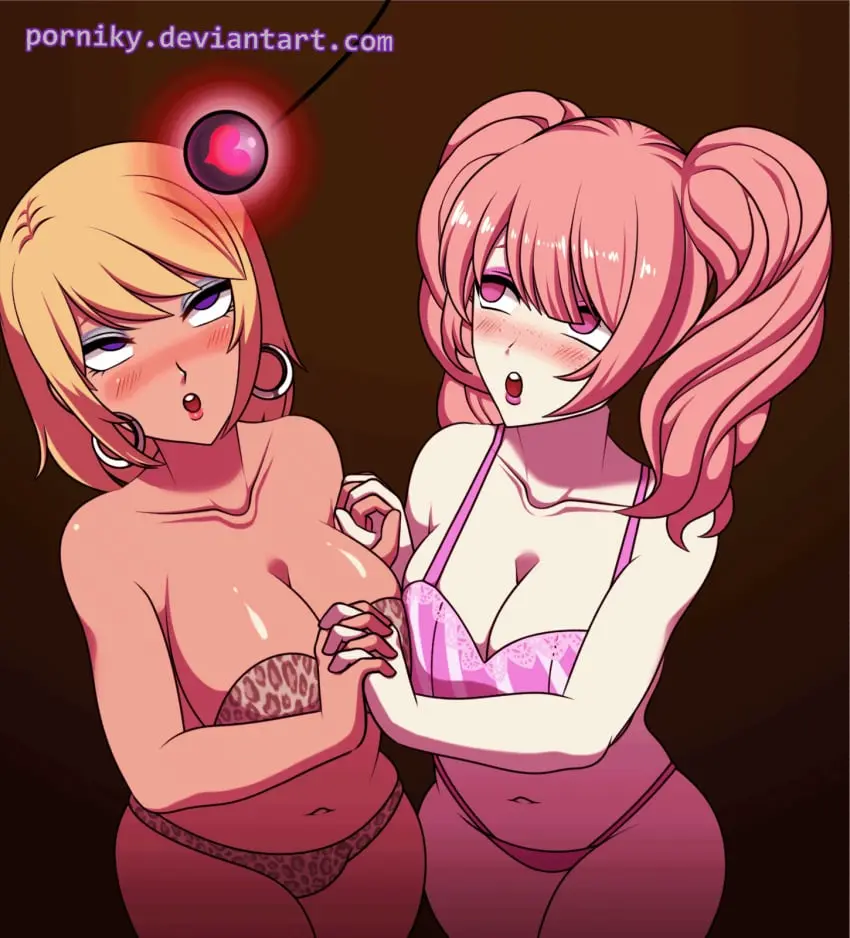Image blush,female,2girls,earrings,white_skin,pink_hair,2d,blonde_hair,twintails,2022,animated,2d_(artwork),holding_hands,hypnosis,leopard_print,mind_control,pink_bikini,pendulum,twintails_(hairstyle),huniepop,jessie_maye,candace_crush,huniepop_2,porniky