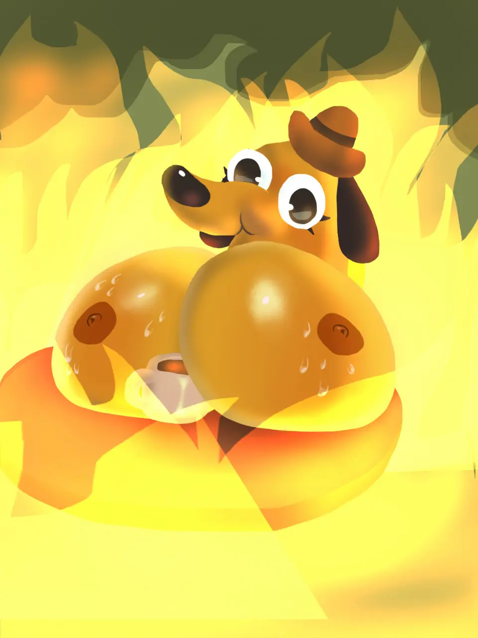 Image big_breasts,breasts,female,nipples,sweat,furry,hat,anthro,canine,anthro_only,meme,fire,coffee,coffee_mug,derp_eyes,breasts_on_table,gloomyfungus,gunshow,question_hound,this_is_fine