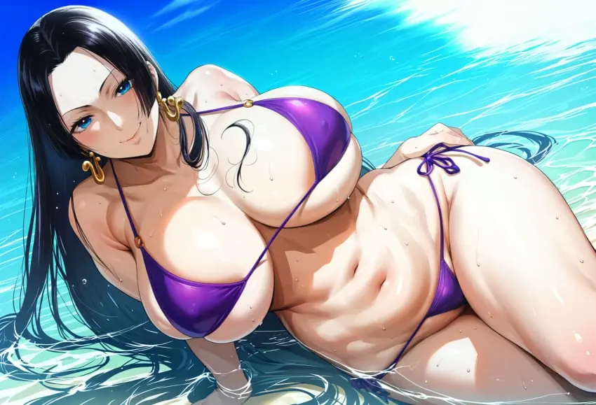 Image big_breasts,breasts,female,female_only,solo,bikini,one_piece,ai_generated,exposed_pussy,areola_slip,boa_hancock,pussy_slip