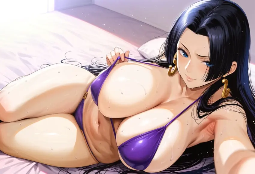 Image big_breasts,breasts,female,female_only,solo,bikini,one_piece,ai_generated,exposed_pussy,areola_slip,boa_hancock,pussy_slip