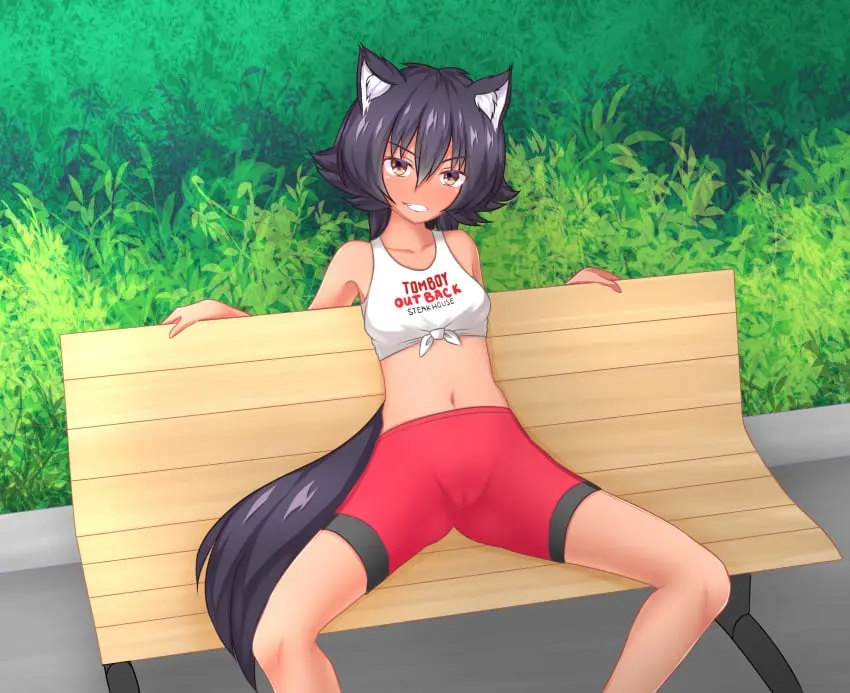 Image breasts,clothed,female,female_only,athletic,belly,medium_breasts,sitting,dark-skinned_female,cameltoe,cropped_shirt,legs_apart,wolf_ears,wolf_tail,athletic_female,commission,tomboy,meme,crop_top,wolf_girl,meme_attire,bike_shorts,legs_spread,confident,work_uniform,park,phantasy_star,phantasy_star_online_2,park_bench,confident_smile,macey,sonicphu,knotted_shirt,belly_exposed,bike_shorts_under_shorts,confidence,outback_steakhouse,tomboy_outback