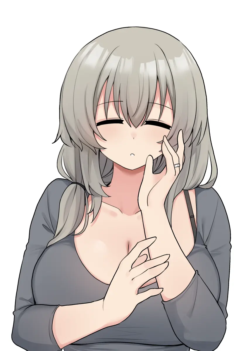 Image 1girls,breasts,female,grey_hair,hi_res,large_breasts,looking_at_viewer,open_mouth,shirt,simple_background,solo,white_background,milf,cleavage,collarbone,jewelry,huge_breasts,closed_eyes,mature_female,upper_body,ring,facing_viewer,bra_strap,uzaki-chan_wa_asobitai!,uzaki_tsuki,wedding_ring,hair_over_shoulder,grey_shirt,jorin