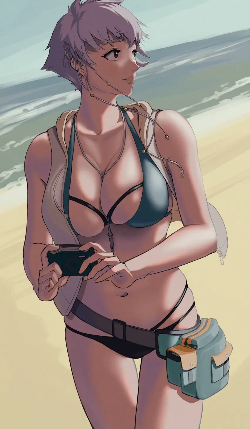 Image 1girls,breasts,female,female_only,grey_hair,large_breasts,navel,bikini,beach,ocean,sky,legs,swimsuit,grey_eyes,sand,bleach,sea,camera,bleach_brave_souls,kotetsu_isane
