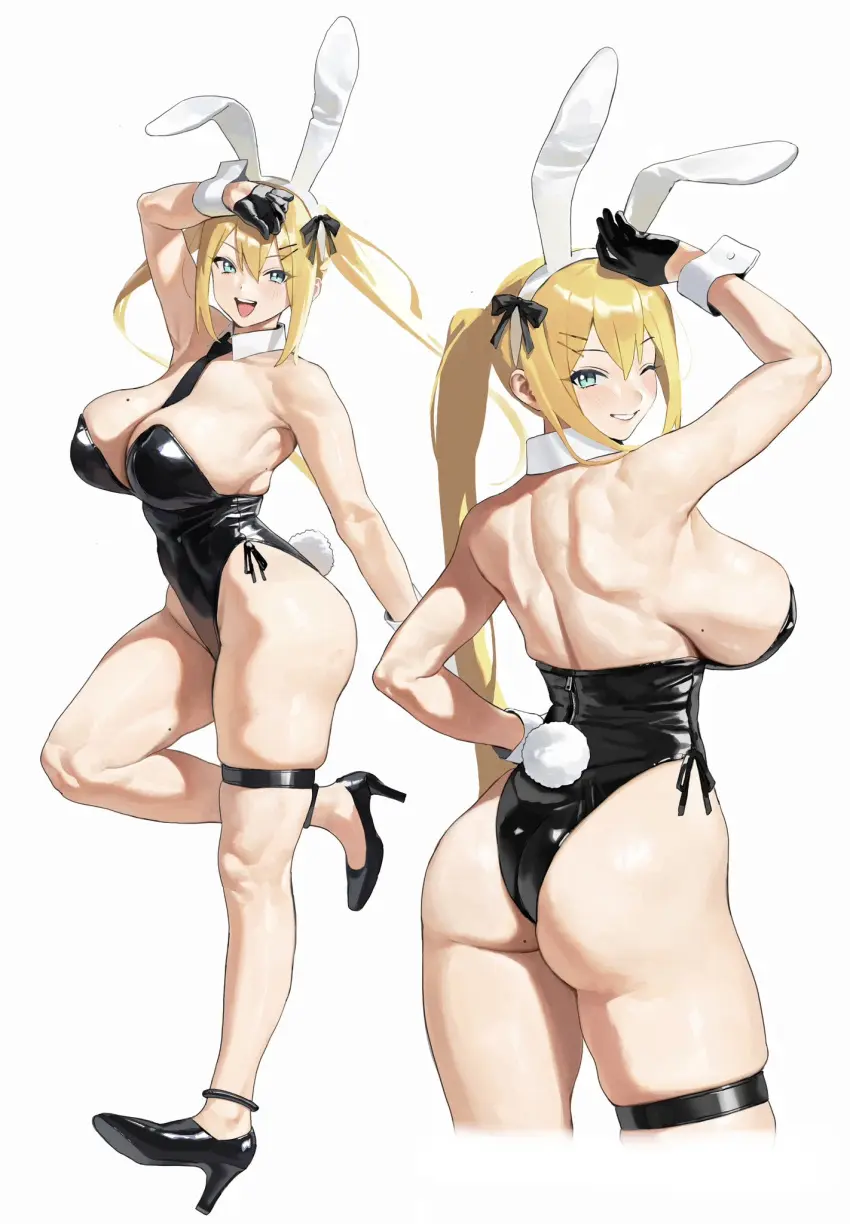 Image breasts,female,large_breasts,looking_at_viewer,open_mouth,simple_background,smile,white_background,animal_ears,black_gloves,blue_eyes,gloves,tail,ass,grin,blonde_hair,one_eye_closed,original,mole,mole_on_breast,rabbit_ears,detached_collar,high_heels,cropped_legs,multiple_views,bunnysuit,playboy_bunny,leotard,necktie,strapless,strapless_leotard,thigh_strap,arm_up,black_footwear,black_necktie,fake_tail,rabbit_tail,wrist_cuffs,black_leotard,pumps,backless_leotard,white_wrist_cuffs,riki_(riki_unc),side-tie_leotard