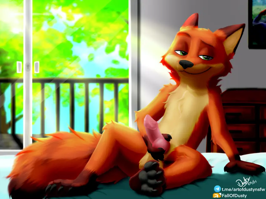 Image hi_res,looking_at_viewer,smile,solo,male,nude,penis,tail,lying,bedroom_eyes,disney,seductive,erection,feet,male_only,eyebrows,anthro,green_eyes,sitting,half-closed_eyes,on_bed,bed,presenting,genital_fluids,lying_on_bed,bodily_fluids,canid,canine,fur,genitals,mammal,multicolored_body,multicolored_fur,precum,paws,orange_body,black_nose,narrowed_eyes,tree,signature,brown_fur,furniture,animal_genitalia,animal_penis,canine_genitalia,fluffy,fluffy_tail,fox,knot,plant,brown_body,orange_fur,sunlight,red_body,light,pawpads,true_fox,red_fox,red_fur,holding_penis,presenting_penis,black_pawpads,nick_wilde,zootopia,light_beam,sunbeam,fallofdusty