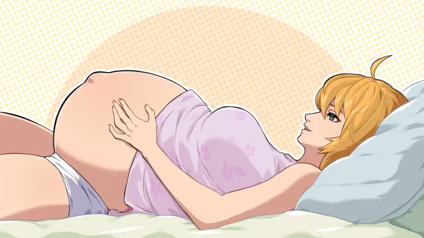 Image 1girls,breasts,female,large_breasts,short_hair,on_back,panties,popped_navel,pregnant,ready_to_pop,blonde_hair,green_eyes,artist_request,on_bed,ahoge,lying_on_bed,alternate_breast_size,xenoblade_(series),alternate_hairstyle,lying_on_back,official_alternate_hairstyle,fiora_(xenoblade),xenoblade_chronicles,monolith_soft,purple_shirt,canon_pregnancy,rubbing_belly,shirt_too_small