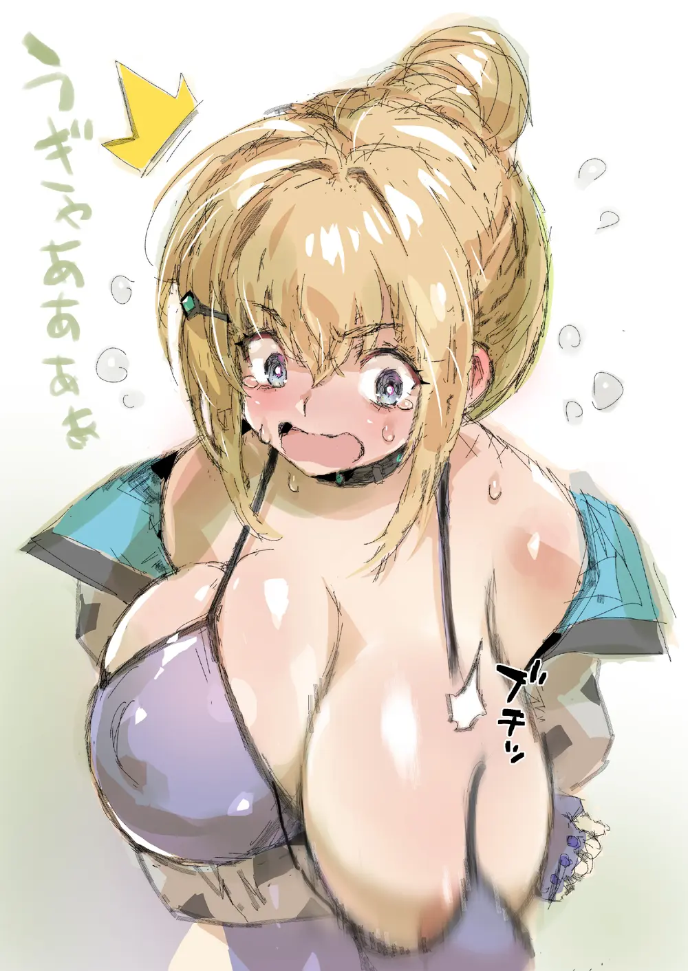 Image 1girls,breasts,clothing,female,female_only,hair_ornament,highres,open_clothes,open_mouth,simple_background,solo,standing,white_background,blue_eyes,gloves,short_hair,sweat,bikini,tongue,areolae,embarrassed,bare_shoulders,cleavage,jewelry,huge_breasts,text,blonde_hair,tied_hair,looking_down,sweatdrop,2022,collar,translated,jacket,blue_bikini,surprised,fingerless_gloves,leaning_forward,last_origin,tears,japanese_text,nipple_bulge,hair_bun,one_breast_out,areola_slip,wardrobe_malfunction,open_jacket,motion_blur,flying_sweatdrops,blue_gloves,looking_at_breasts,petitdry,c-79g_habetrot_(last_origin),c-79g_habetrot_(summer_combat_uniform)_(last_origin)