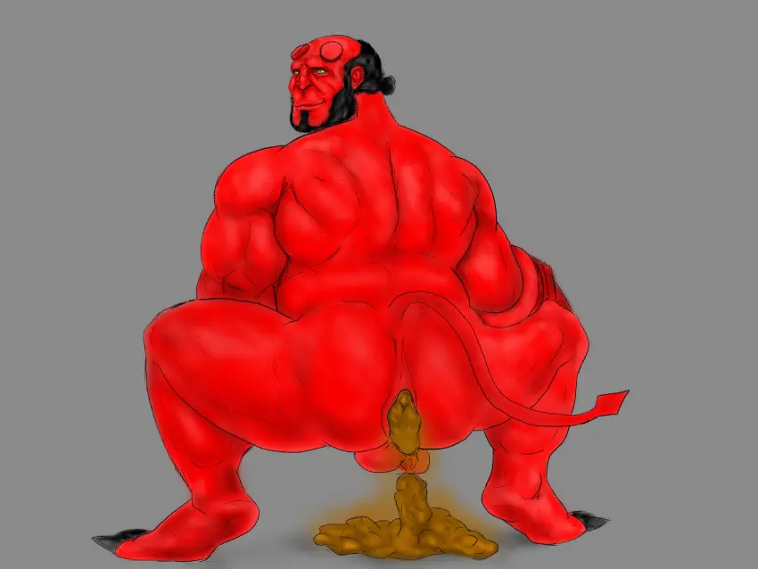 Image solo,1boy,black_hair,male,yellow_eyes,demon_tail,muscular,muscular_male,smiling_at_viewer,yaoi,digital_drawing_(artwork),balls,tied_hair,bara,squatting,bracelet,red_skin,grey_background,fart,scat,fart_cloud,feces,buff,shitting,hellboy,hellboy_(series),side_look,shaved,cloven_feet,defecating,firealpaca,mightykami04,shitpile