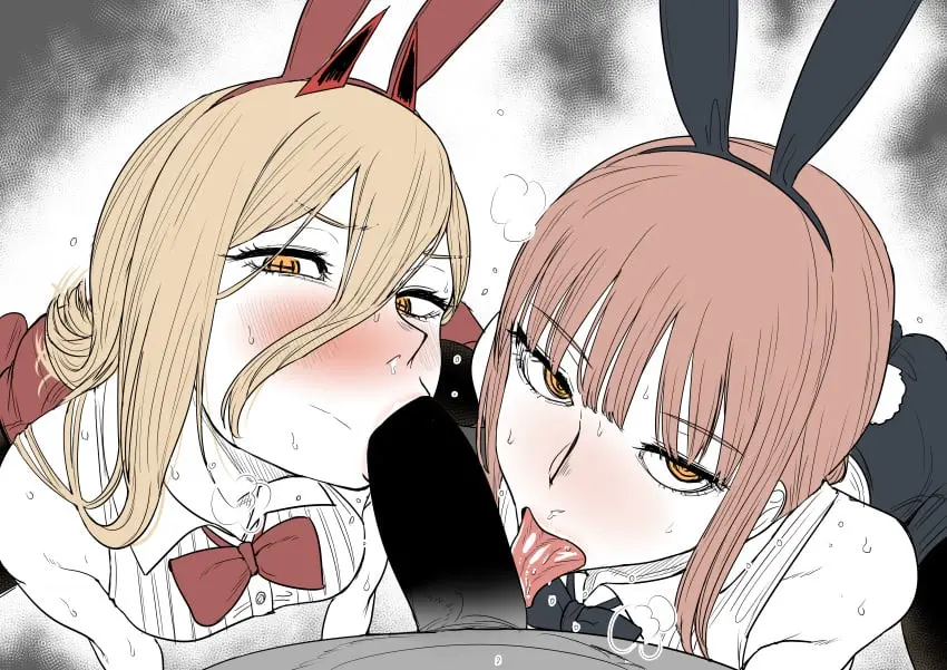 Image blush,female,human,long_hair,open_mouth,1boy,2girls,licking,male,multiple_girls,oral,penis,sweat,tongue_out,yellow_eyes,red_hair,tongue,fellatio,humanoid,orange_eyes,horns,blonde_hair,bunny_ears,bunny_girl,sweatdrop,pov,blowjob,male_pov,teamwork,bunnysuit,chainsaw_man,power_(chainsaw_man),makima_(chainsaw_man),blowjob_face,partially_colored,collaborative_fellatio,double_fellatio,devil,kaiman_garupan,double_blowjob