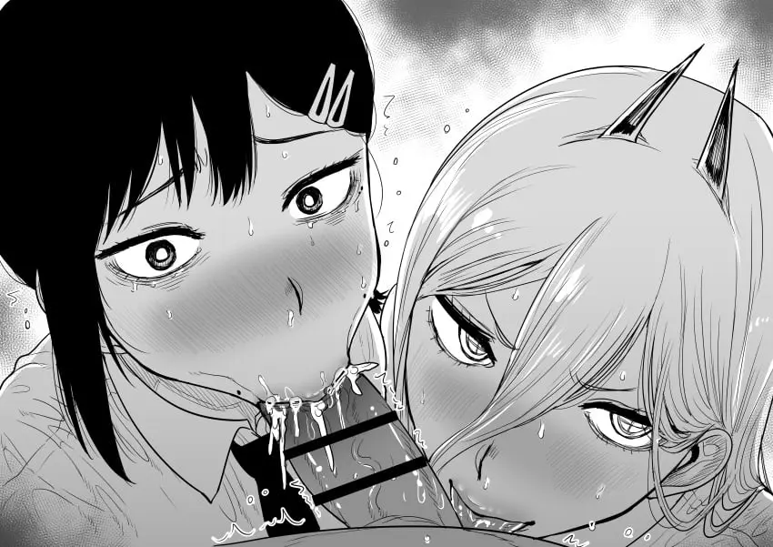 Image blush,female,hair_ornament,highres,1boy,2girls,absurdres,cum,cum_in_mouth,licking,male,multiple_girls,oral,penis,sweat,symbol-shaped_pupils,fellatio,veins,horns,veiny_penis,hairclip,censored,hair_between_eyes,monochrome,bar_censor,teamwork,chainsaw_man,higashiyama_kobeni,power_(chainsaw_man),:>=,greyscale,flying_sweatdrops,collaborative_fellatio,cross-shaped_pupils,sloppy_blowjob_devil,kaiman_garupan,multiple_moles,cooperative_fellatio