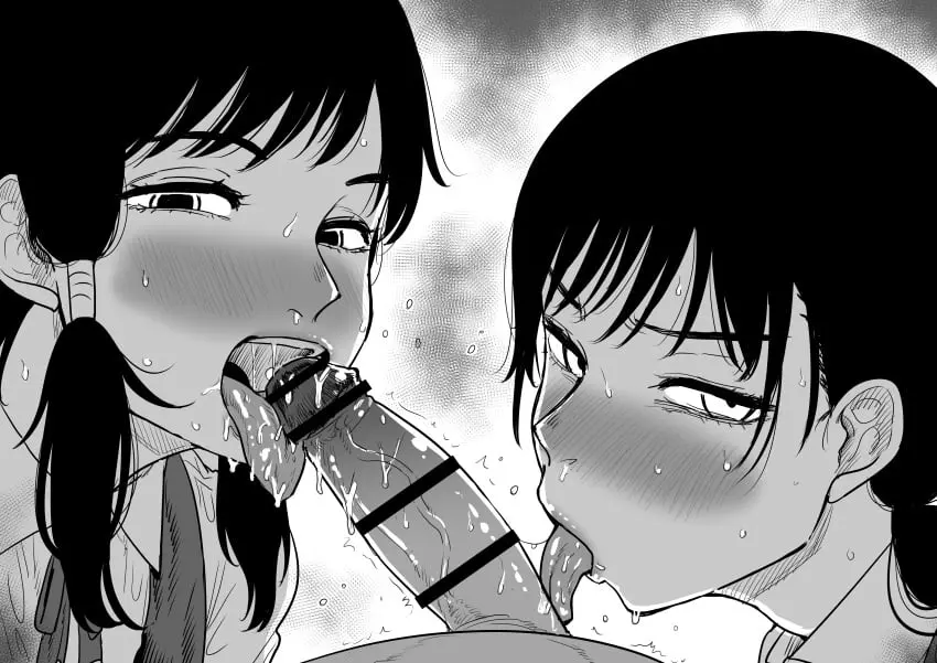Image blush,female,human,looking_at_viewer,open_mouth,1boy,2girls,licking,licking_penis,male,oral,penis,sweat,threesome,tongue_out,tongue,fellatio,censored,blowjob,monochrome,bar_censor,censor_bar,penis_lick,chainsaw_man,collaborative_fellatio,kaiman_garupan,mitaka_asa,fumiko_mifune_(chainsaw_man)