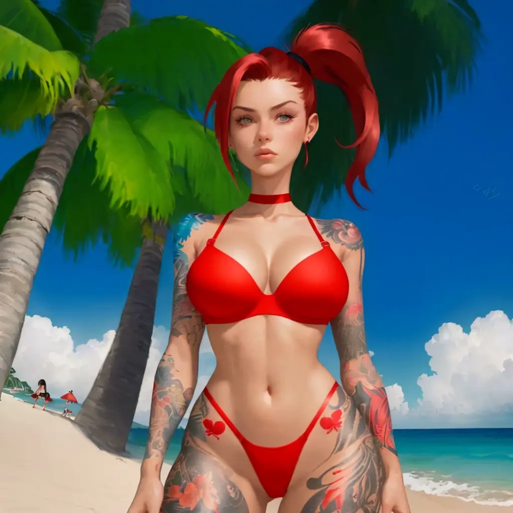 Image breasts,clothed,clothing,female,red_eyes,red_hair,bra,blue_background,thick_thighs,ponytail,wide_hips,beach,ai_generated,clothed_female,tattoo,tattooed_arm,huge_breasts,original,original_character,bottomless,thong,abs,toned,toned_female,looking_up,tattoos,beach_background,tattoo_on_butt,red_bra,tattoo_on_legs,red_thong,bottom,palms,artist_elprimodesanpaco,tones