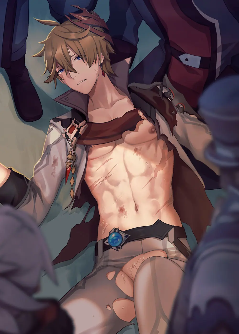 Image highres,long_sleeves,nipples,pants,shirt,blue_eyes,gloves,male,earrings,muscular,muscular_male,jewelry,orange_hair,gay,genshin_impact,hair_between_eyes,multiple_boys,male_focus,torn_clothes,abs,scar,torn_pants,mask,5boys,grey_shirt,childe_(genshin_impact),tartaglia_(genshin_impact),single_earring,grey_pants,mask_on_head,vision_(genshin_impact),kokuka_gnsn