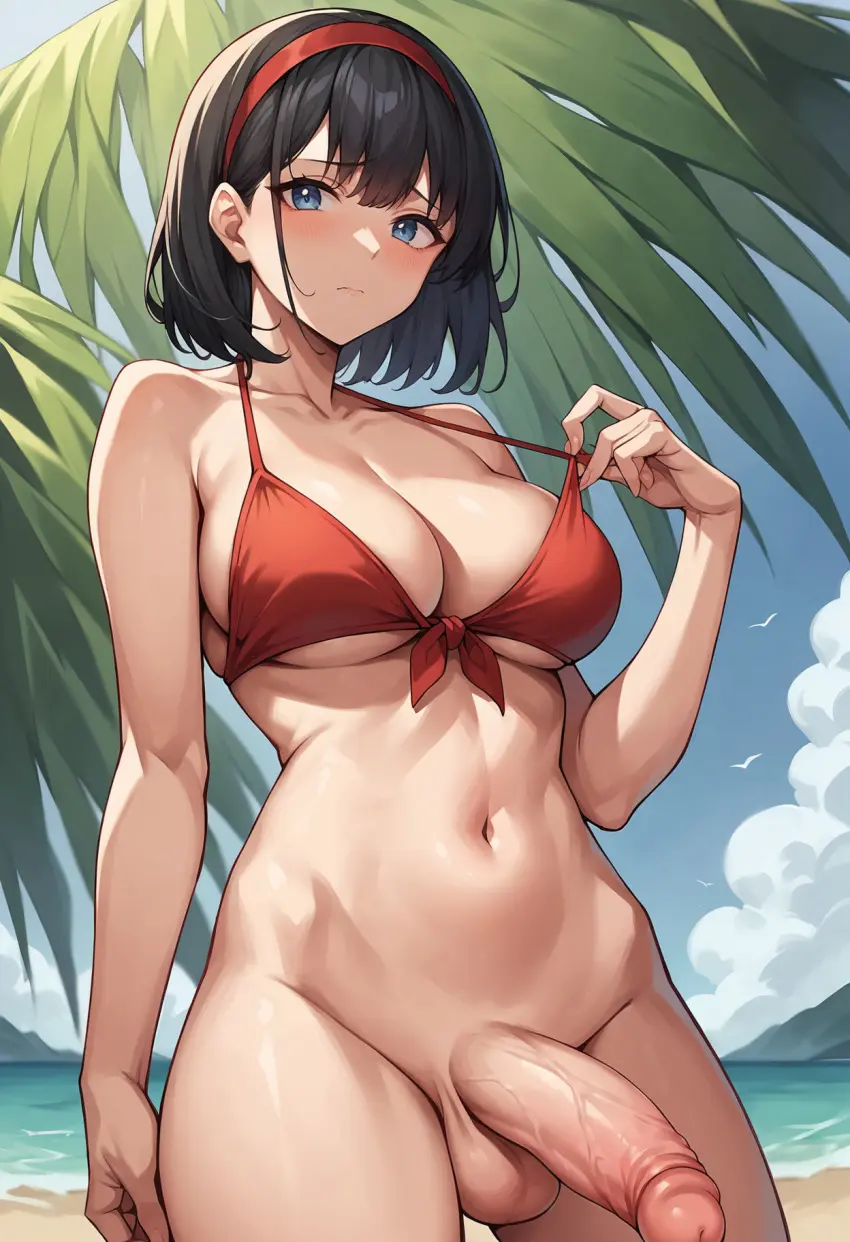 Image big_breasts,blush,breasts,large_breasts,looking_at_viewer,solo,black_hair,blue_eyes,navel,penis,bikini,big_penis,thighs,uncensored,1futa,futanari,intersex,beach,hips,shy,ai_generated,hairband,solo_focus,medium_breasts,cock,slim,dragon_ball,futa_only,dark_hair,medium_hair,self_upload,slim_waist,no_panties,bikini_top,solo_futa,uncensored_penis,dragon_ball_super,bob_cut,viewed_from_below,red_hairband,red_bikini,medium_penis,average_sized_penis,videl,videl_(dragon_ball_super)