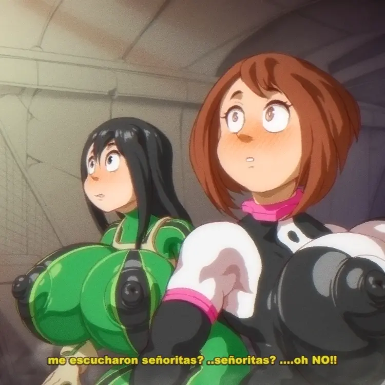 Image big_breasts,blush,breasts,brown_eyes,female,human,light-skinned_female,nipples,2girls,black_hair,multiple_girls,wide_hips,digital_media_(artwork),teeth_visible,huge_breasts,my_hero_academia,ochako_uraraka,teenager,teenage_girl,brown_hair,tight_clothing,black_eyes,bodysuit,nipples_visible_through_clothing,female_human,español,spanish_text,nipple_bulge,blush_lines,superheroine,suprised,superhero_costume,froppy,tsuyu_asui,hero_outfit_(mha),angelauxes,ochako_uraraka_(hero_outfit)