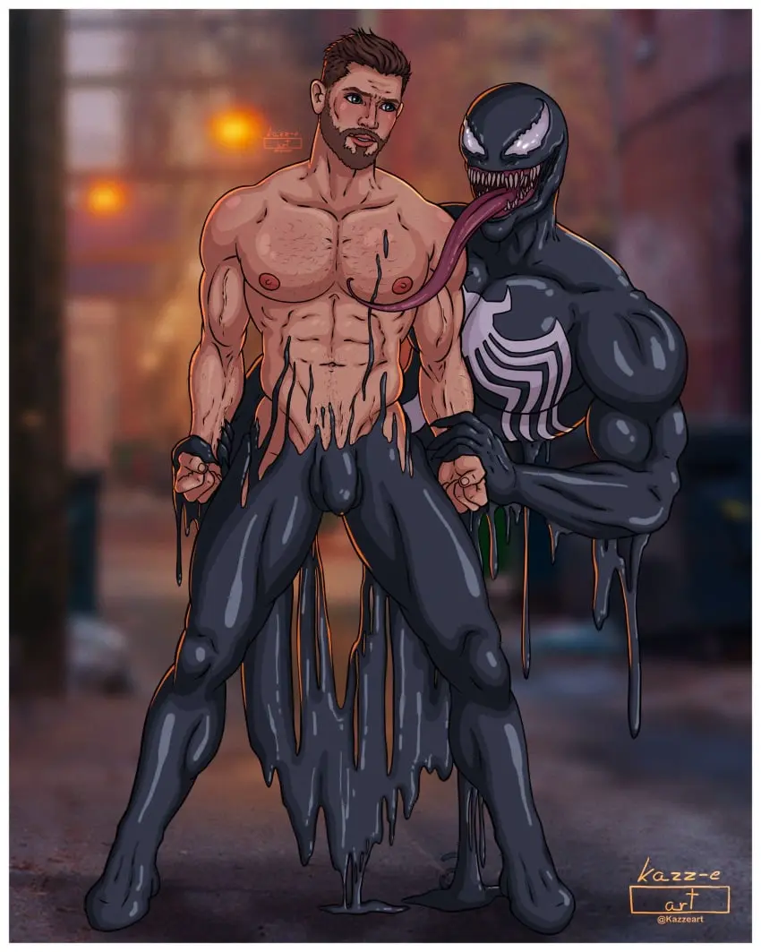Image human,licking,male,nude,tongue_out,tongue,muscular,muscular_male,2boys,male_only,yaoi,teeth,nude_male,monster,gay,bara,bulge,pecs,holding_hands,abs,big_muscles,pectorals,muscles,gay_male,marvel,marvel_comics,facial_hair,spider-man_(series),goo,liquid,superhero,veiny_muscles,venom_(marvel),kazz-e_art,dark_alley,eddie_brock,venom_(2018),black_goo,licking_pecs,overpowering,tom_hardy