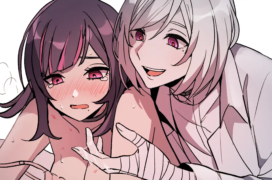 Image 1girls,blush,breasts,female,open_mouth,red_eyes,simple_background,smile,white_background,white_hair,1boy,black_hair,male,short_hair,straight,sweat,choker,bra,underwear,multicolored_hair,bare_shoulders,pink_hair,pink_eyes,after_sex,sweatdrop,looking_at_another,fingering,tears,bandaged_arm,bandages,upper_teeth_only,cum_on_hands,bedsheets,multicolored_eyes,upper_teeth,red_tint,akudama_drive,cutthroat,rome_romedo,swindler