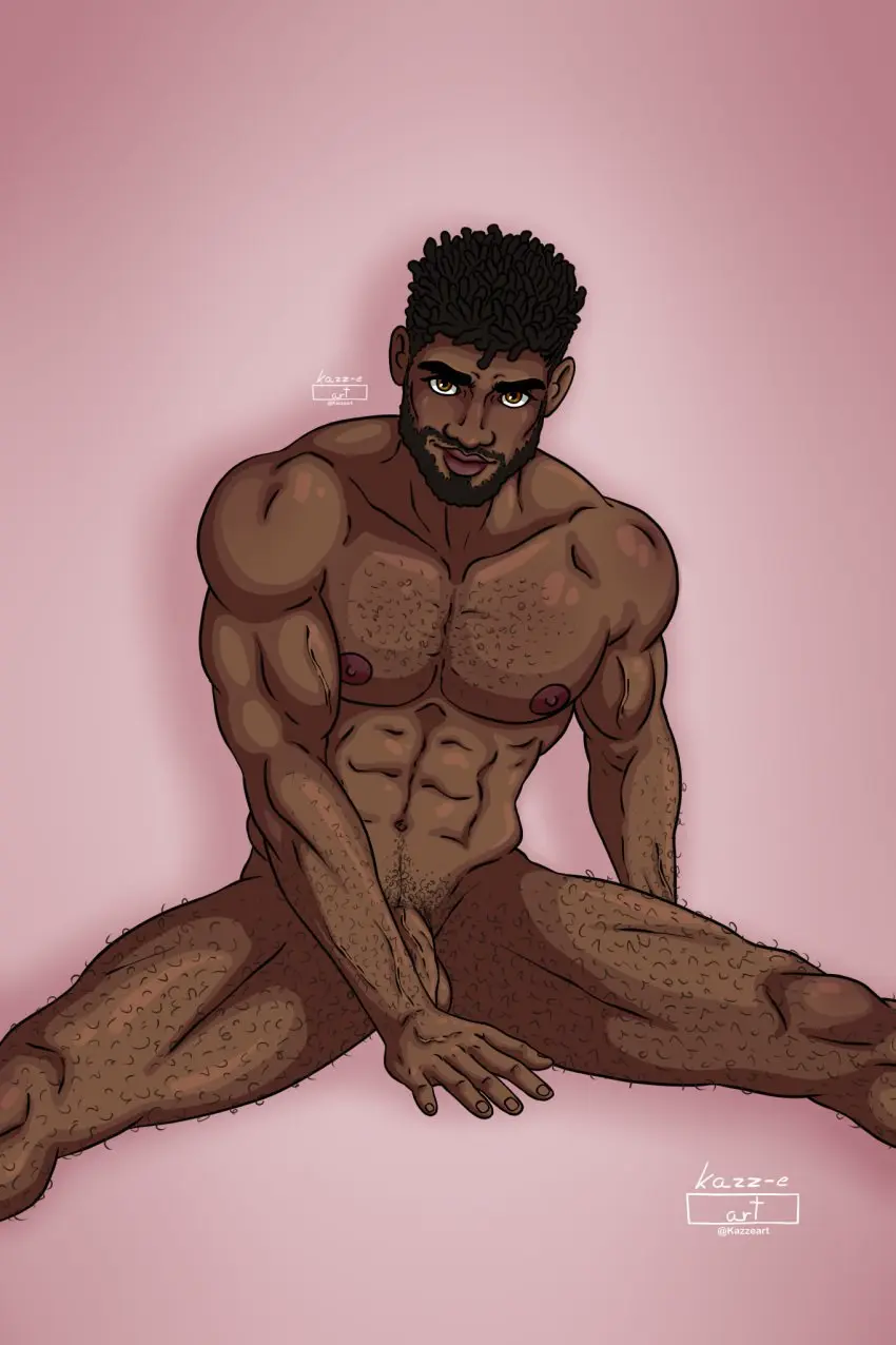 Image looking_at_viewer,solo,1boy,male,dark-skinned_male,dark_skin,muscular,muscular_male,male_only,solo_focus,gay,dark_hair,solo_male,smirk,beard,muscles,gay_male,facial_hair,hairy,hairy_male,hairy_chest,african_male,hairy_arms,kazz-e_art,deon_(kazz-e_art),partially_visible_penis