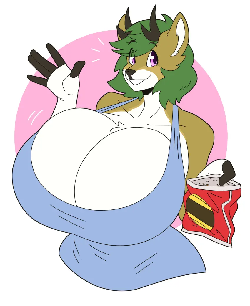 Image breasts,female,horns,huge_breasts,fur,motion_lines,deer,chips_(food),bust_portrait,slightlysimian