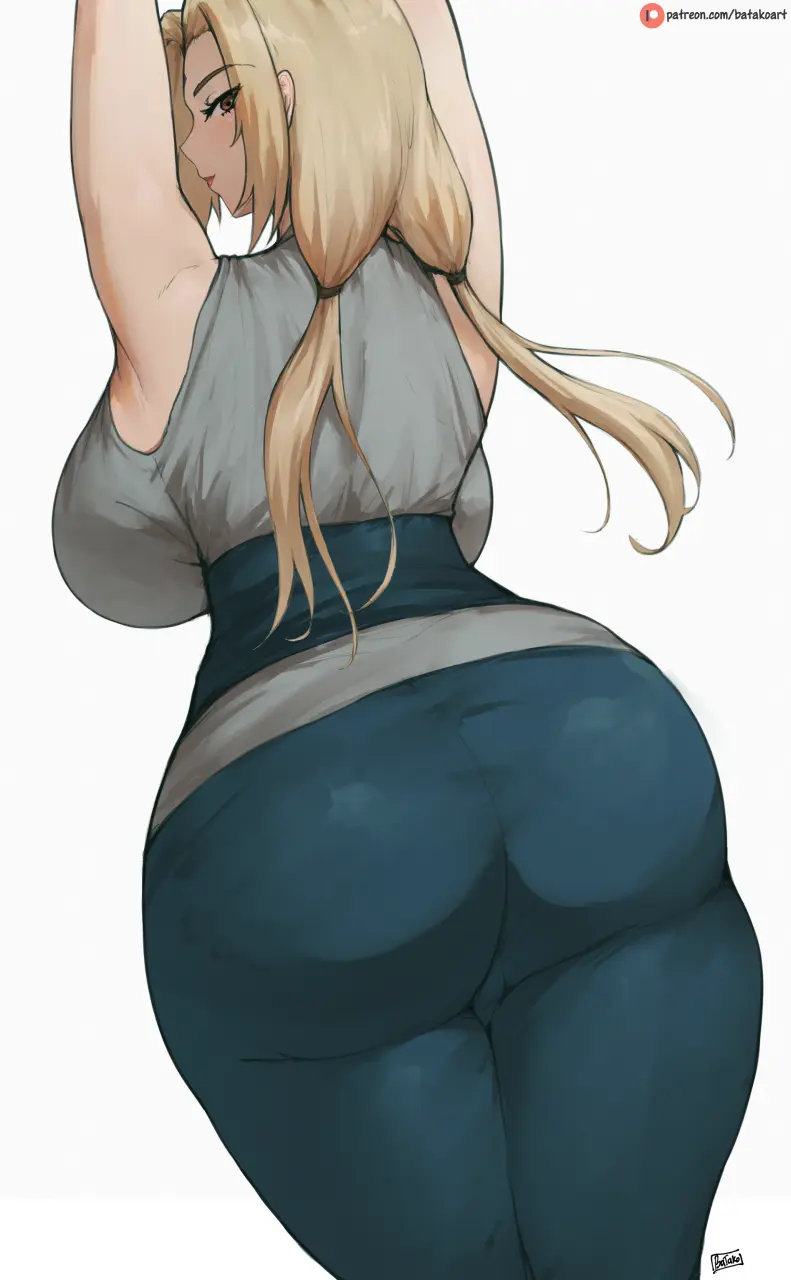 Image 1girls,breasts,female,long_hair,looking_at_viewer,simple_background,solo,white_background,ass,female_focus,huge_ass,looking_back,thick_thighs,thighs,voluptuous,wide_hips,watermark,arms_up,from_behind,huge_breasts,blonde_hair,curvy,pinup,plain_background,presenting,ass_focus,naruto,naruto_(series),naruto_shippuden,tsunade,backboob,presenting_ass,batako