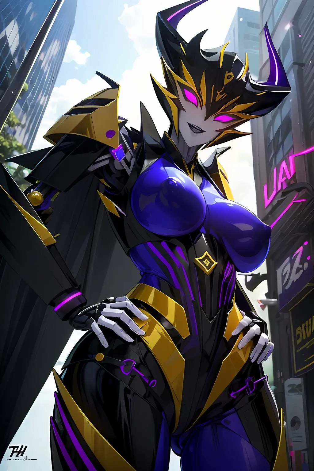 Image breasts,female,thick_thighs,ai_generated,purple_body,robot_girl,transformers,cybertronian,transformers_prime,roger1011,airachnid,black_armor