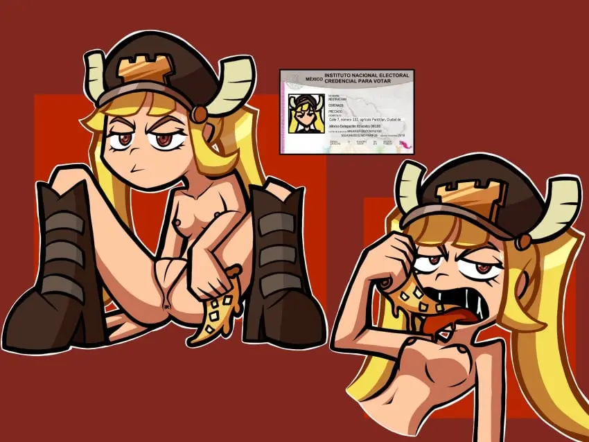 Image breasts,female,nipples,open_mouth,red_eyes,nude,pussy,tongue_out,ass,uncensored,vagina,nude_female,anus,blonde_hair,comic,pizza,nostrafort,doomverse,nostrachan