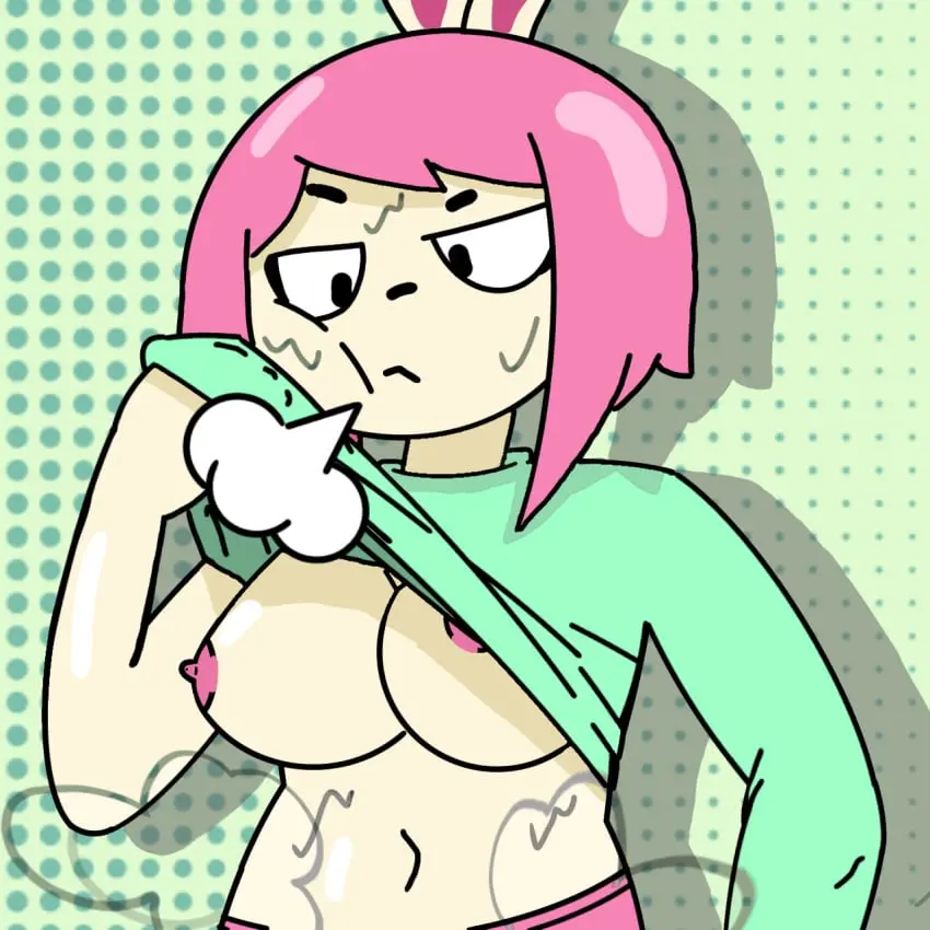 Image female,no_bra,pink_hair,artist_request,bunny_girl,steam,sweating,tiktoker,wiping_sweat,alex_rabbit,minty,wiping_with_shirt