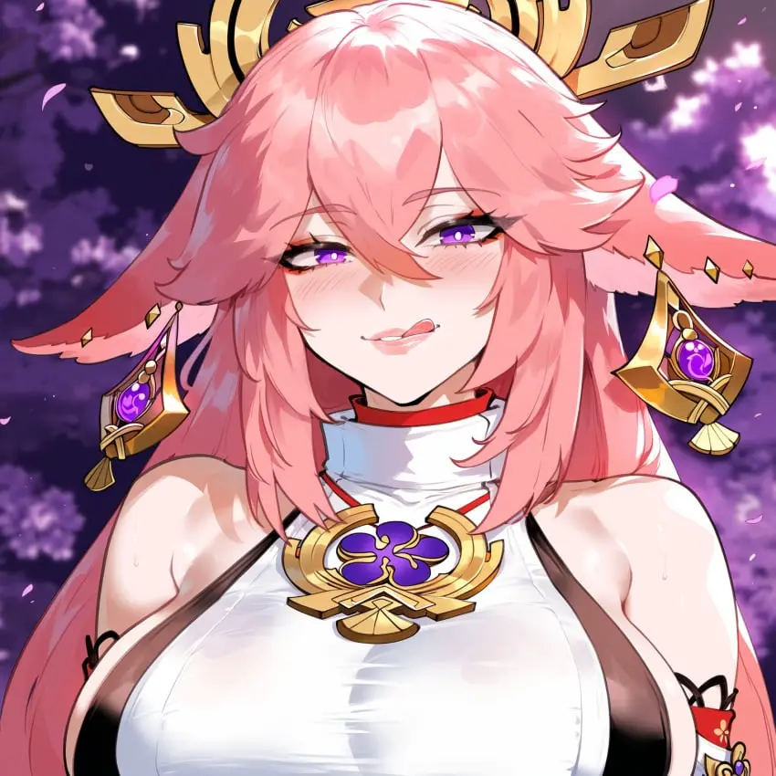 Image breasts,female,large_breasts,ai_generated,pink_hair,purple_eyes,genshin_impact,yae_miko,upper_body,licking_lips,close-up,japanese_clothes,thiccwithaq_(ai_style),creamy_ai