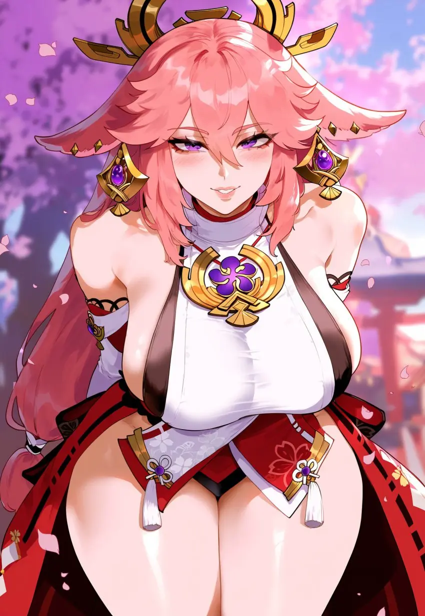 Image 1girls,breasts,female,large_breasts,solo,thick_thighs,wide_hips,ai_generated,sideboob,pink_hair,purple_eyes,curvy,genshin_impact,yae_miko,japanese_clothes,thiccwithaq_(ai_style),creamy_ai