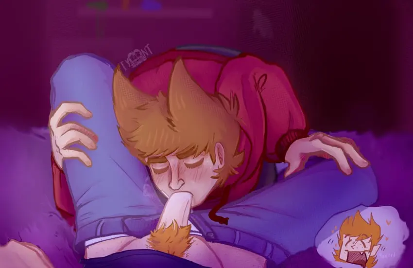 Image male,yaoi,brown_hair,blowjob,red_hoodie,eddsworld,matt,matt_(eddsworld),tord,tord_(eddsworld)