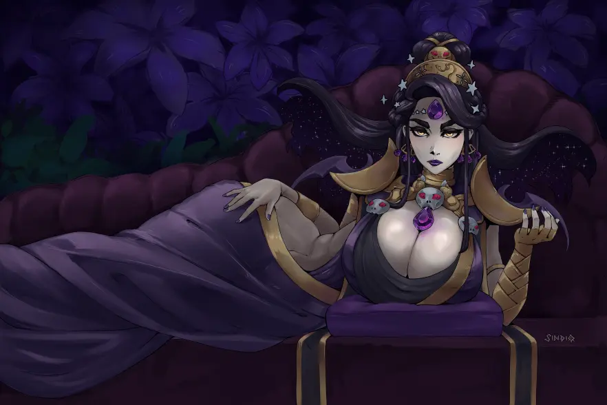Image 1girls,big_breasts,breasts,clothing,female,female_only,black_hair,earrings,milf,wide_hips,hips,jewelry,goddess,nail_polish,pale-skinned_female,dark_hair,flower,emotionless,curvaceous,purple_nails,purple_lipstick,gold_eyes,hades_(game),laying_on_side,sindio,nyx_(hades)