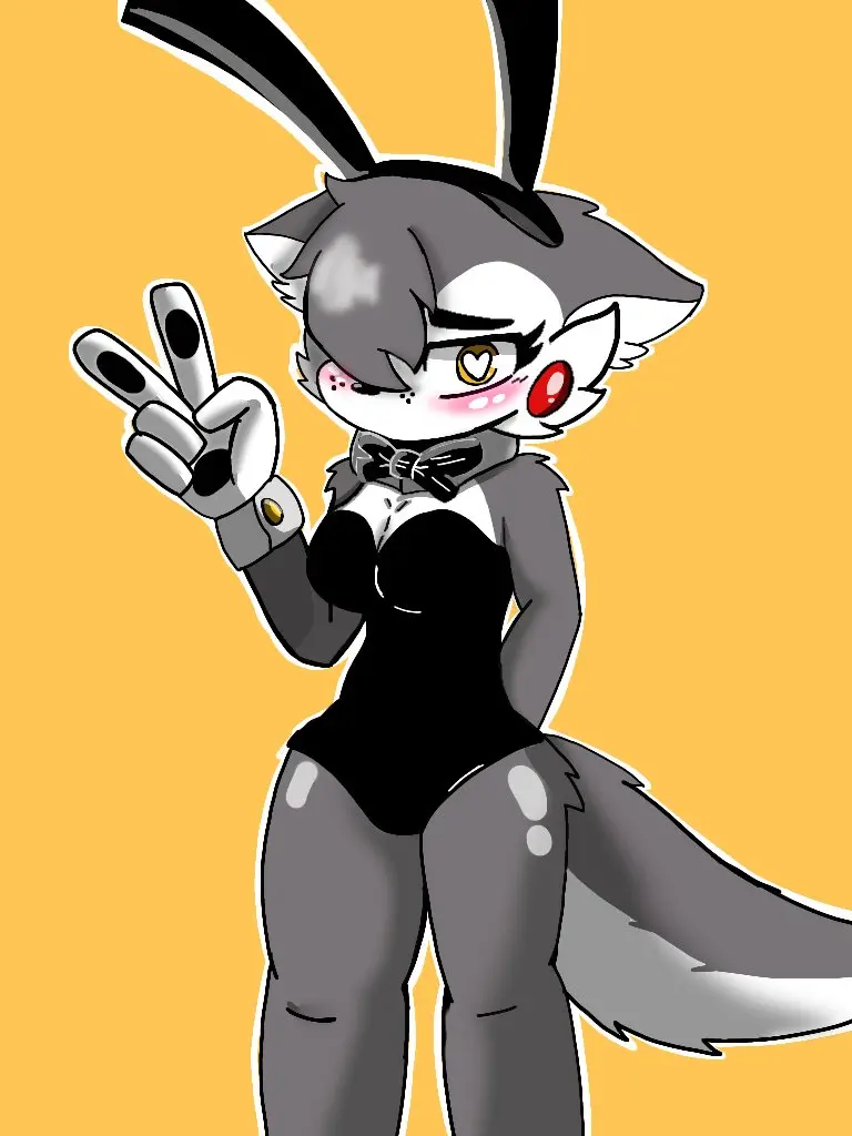 Image 1girls,blush,breasts,female,grey_hair,looking_at_viewer,solo,gloves,heart-shaped_pupils,tail,yellow_eyes,furry,hair_over_one_eye,anthro,bunny_ears,grey_body,grey_fur,two_tone_body,two_tone_fur,wolf,leotard,hand_behind_back,white_fur,roblox,wolf_girl,arm_behind_back,peace_sign,bow_tie,piggy_(game),piggy:_book_2,woflgame,heart_eye,willow_(piggy)