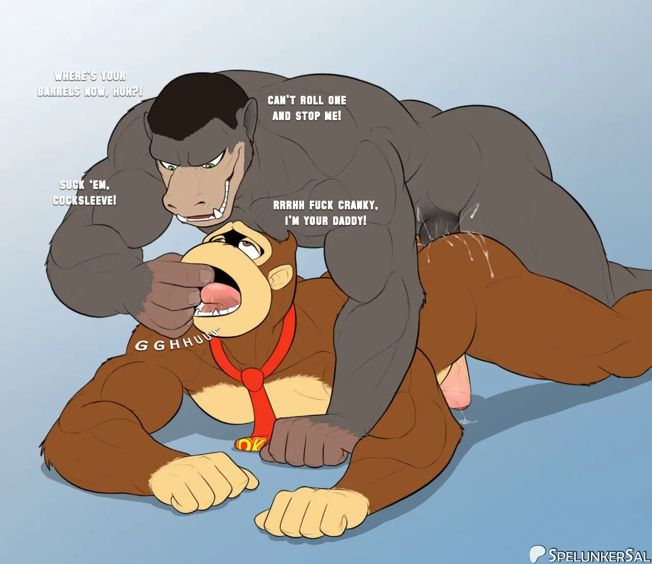 Image male,penis,ass,duo,muscular,muscular_male,anal,anal_sex,male/male,male_only,teeth_showing,anthro,finger_in_mouth,nintendo,penetration,genital_fluids,bodily_fluids,genitals,mammal,precum,dialogue,foreskin,uncircumcised,necktie,sucking,ape,donkey_kong,donkey_kong_(series),gorilla,taunting,haplorhine,primate,finger_suck,spelunker_sal,will_(eightane)