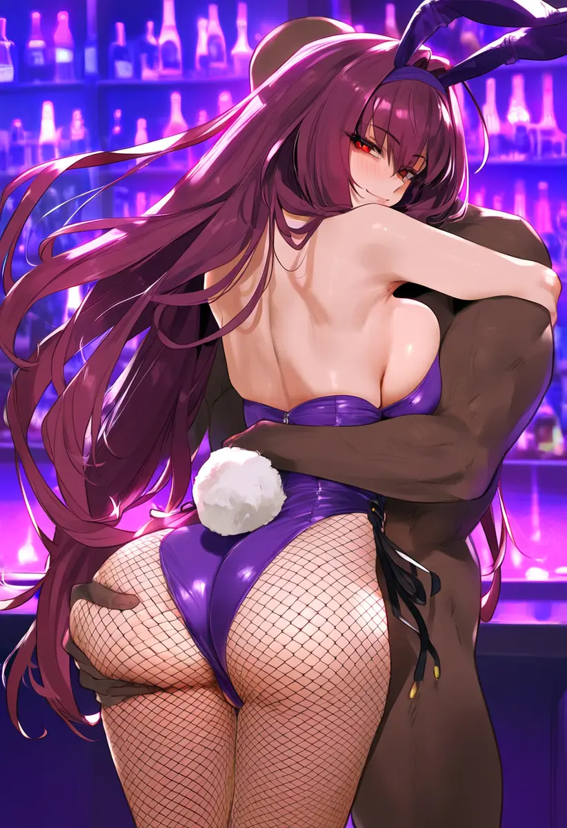 Image 1girls,big_breasts,blush,breasts,female,hi_res,large_breasts,light-skinned_female,light_skin,long_hair,red_eyes,1boy,male,ass,big_ass,big_butt,thick_thighs,dark-skinned_male,dark_skin,interracial,ai_generated,bare_shoulders,color,male/female,tagme,bunny_ears,back,purple_hair,ass_focus,bunny_tail,bunnysuit,fishnets,back_view,grabbing_ass,fate_(series),hand_on_butt,bare_arms,scathach_(fate),geo-san