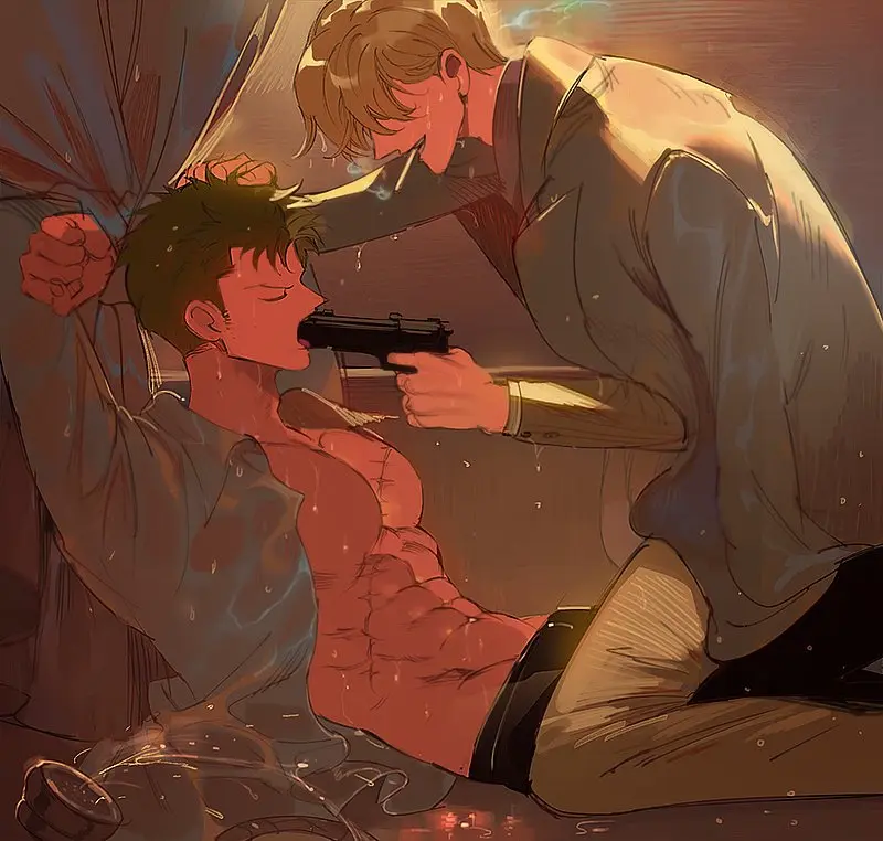 Image open_shirt,smile,male,kneeling,one_piece,muscular,muscular_male,wet_skin,2boys,male_only,yaoi,arms_up,blonde_hair,gay,hair_grab,restrained,pecs,wet_body,abs,scar,wet_clothes,cigarette,smoking,big_pecs,blazer,gun,vinsmoke_sanji,sexually_suggestive,suit,business_suit,roronoa_zoro,formal,gunpoint,nori31291404,gun_in_mouth