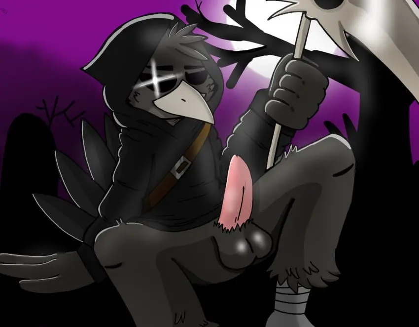 Image solo,male,penis,furry,male_only,male_focus,hood,crow,roblox,infected_(piggy),piggy_(game),scythe,woflgame,crove_(piggy),non-canon_character