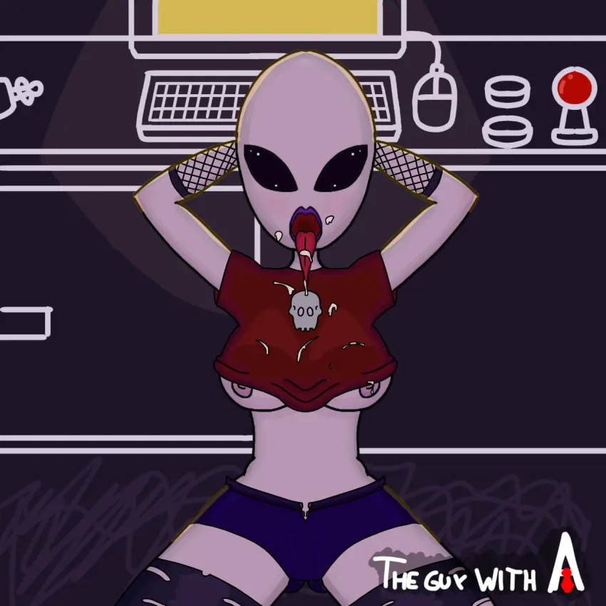 Image big_breasts,breasts,female,cum_in_mouth,thighhighs,tongue,kneeling,cum_on_breasts,big_eyes,fishnets,horny,crop_top,png,fishnet_armwear,ripped_stockings,minishorts,artjimx