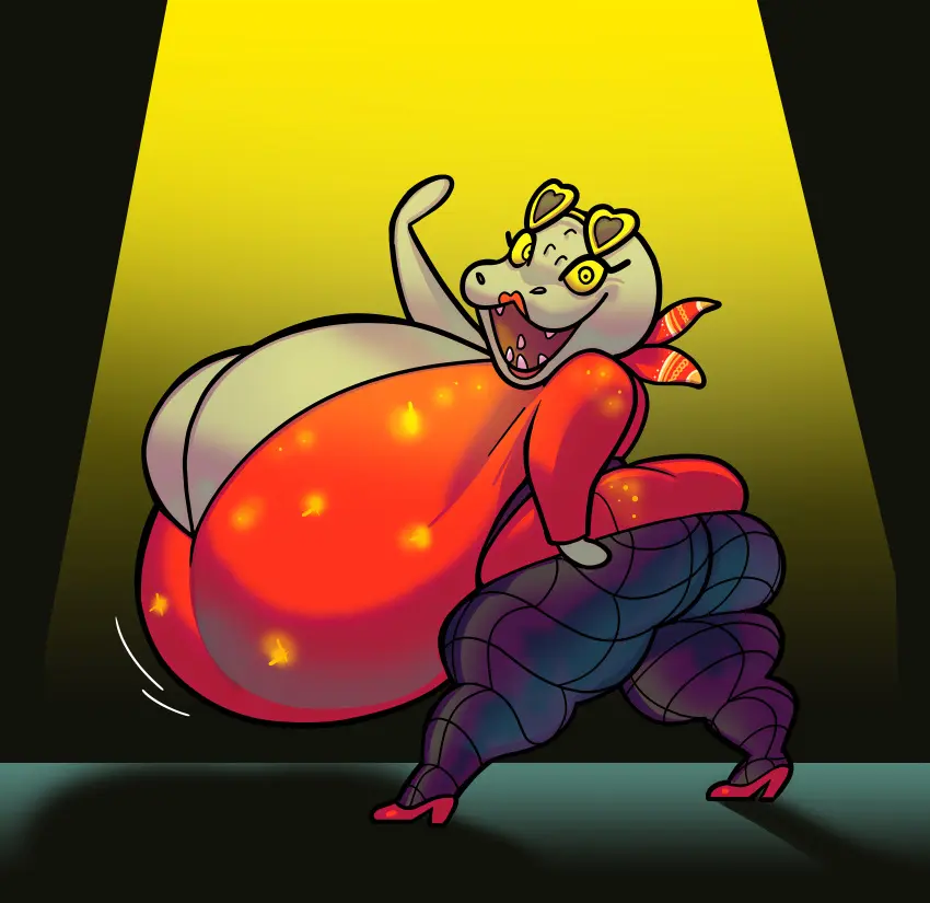 Image breasts,female,ass,big_ass,thick_thighs,wide_hips,hyper_breasts,high_heels,motion_lines,fishnets,scalie,hyper,sanrio,spotlight,:3d,aggressive_retsuko,aggretsuko,heart_glasses,komodo_dragon,nondelismell,tsubone