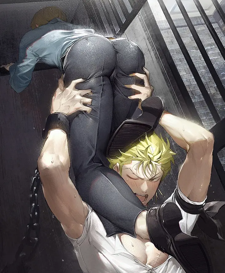 Image blush,male,sweat,ass,big_ass,bubble_butt,one_piece,muscular,muscular_male,male_only,yaoi,arms_up,gay,green_hair,fully_clothed,chains,chained,thigh_grab,gay_male,shackles,vinsmoke_sanji,suit,prisoner,business_suit,roronoa_zoro,pre-timeskip,prison_cell,nori31291404,prisom