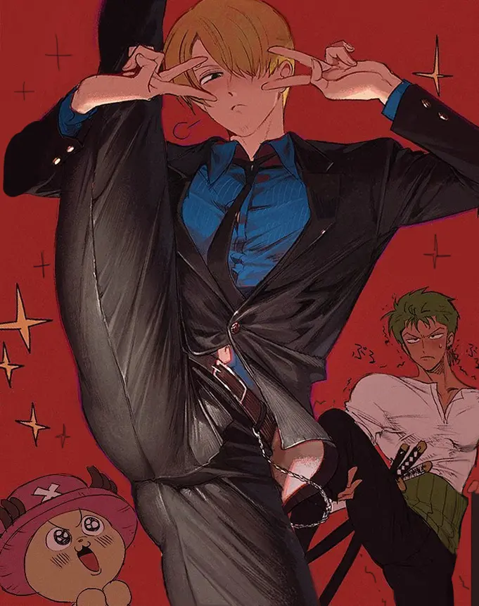 Image looking_at_viewer,male,hair_over_one_eye,one_piece,male_only,yaoi,solo_focus,blonde_hair,spread_legs,gay,tight_clothing,leg_up,fully_clothed,3boys,v,gay_male,flexible,red_background,vinsmoke_sanji,suit,double_v,splits,vertical_splits,tight_pants,business_suit,roronoa_zoro,tony_tony_chopper,pre-timeskip,nori31291404