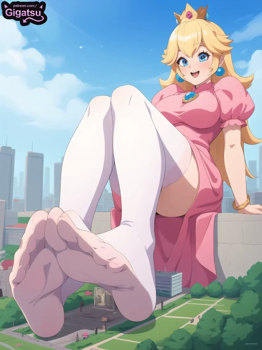 Image female,blue_eyes,feet,ai_generated,blonde_hair,foot_fetish,mario_(series),nintendo,princess_peach,giantess,city,gigatsu
