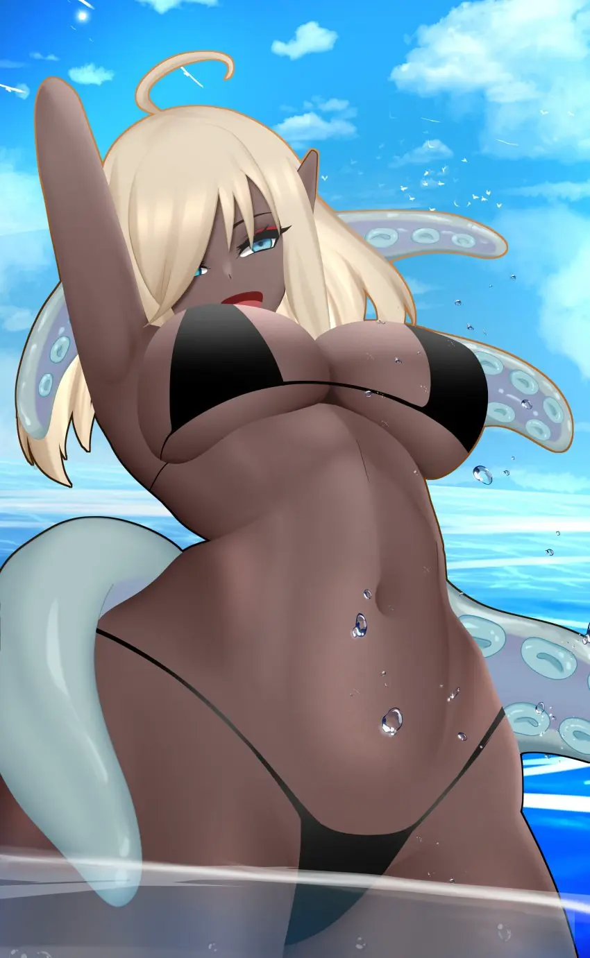 Image 1girls,big_breasts,breasts,female,female_only,highres,standing,blue_eyes,bikini,bra,female_focus,looking_back,hair_over_one_eye,dark_skin,beach,smiling,smiling_at_viewer,virtual_youtuber,water,ocean,sky,standing_in_water,belly_button,vtuber,2d,blonde_hair,swimsuit,pointy_ears,dark-skinned_female,medium_hair,outdoors,hourglass_figure,low-angle_view,black_bikini,2d_(artwork),young,high_resolution,thong,octopus,front_view,younger_female,partially_submerged,day,clouds,thong_bikini,two_piece_swimsuit,vtuberfanart,hispanic_virtual_youtuber,partially_underwater_shot,underwater,octopus_girl,n4hkz,serrivel