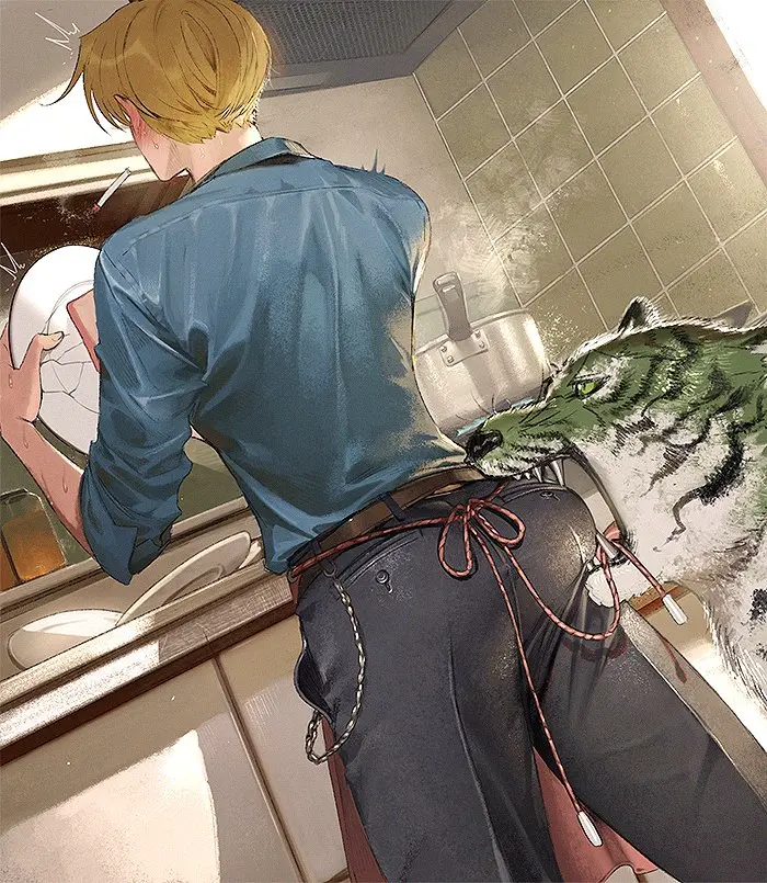 Image blush,male,one_piece,dutch_angle,2boys,male_only,yaoi,blonde_hair,gay,bite,sleeves_rolled_up,apron,surprised,fully_clothed,kitchen,tiger,vinsmoke_sanji,suit,biting,alternate_species,cooking,roronoa_zoro,pre-timeskip,nori31291404,ass_biting