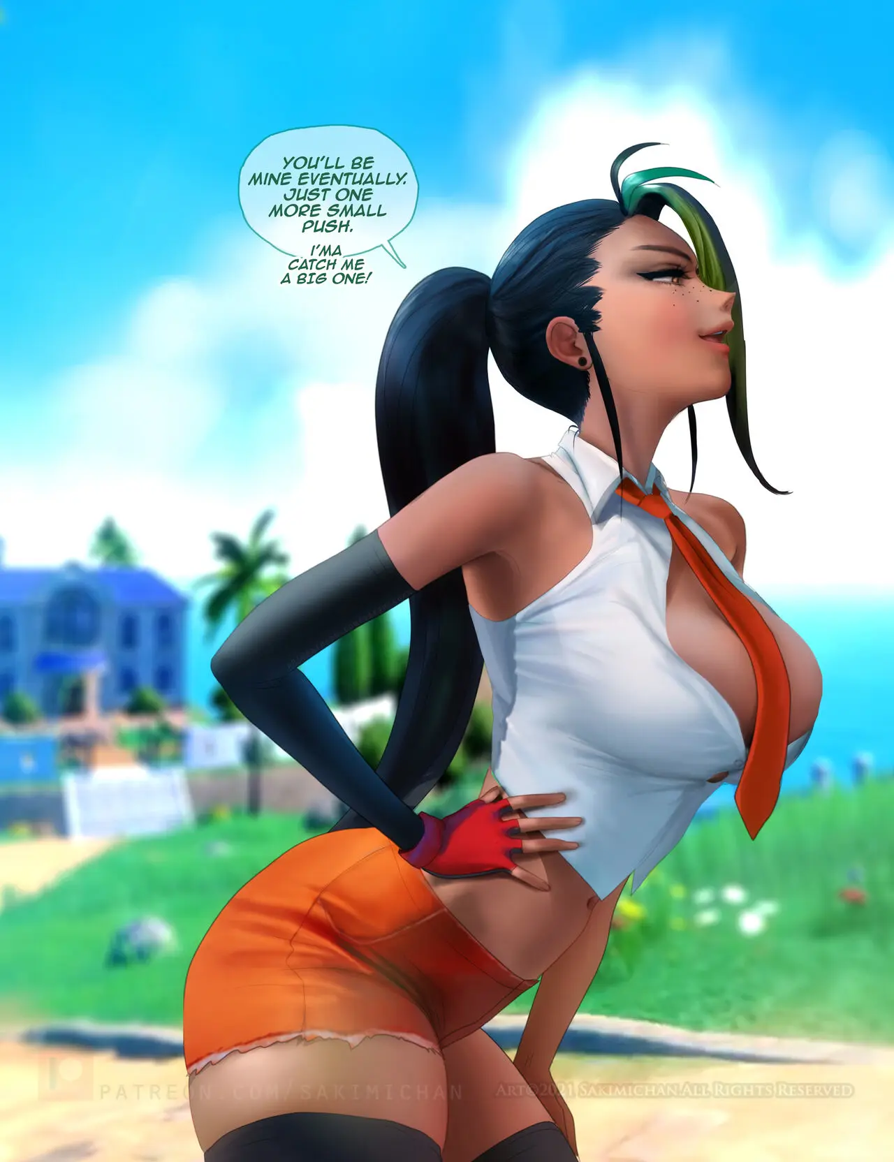 Image 1girls,big_breasts,blush,breasts,exposed_breasts,female,human,solo,pokemon,dark_skin,freckles,sole_female,solo_female,text,dark-skinned_female,nintendo,pokemon_sv,english_text,necktie,speech_bubble,tie,necktie_between_breasts,nemona_(pokemon),sakimichan